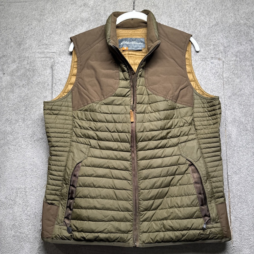 Vintage Eddie Bauer Sport Shop Down Puffer Vest Women Large Green Brown Gorpcore - Picture 2 of 10